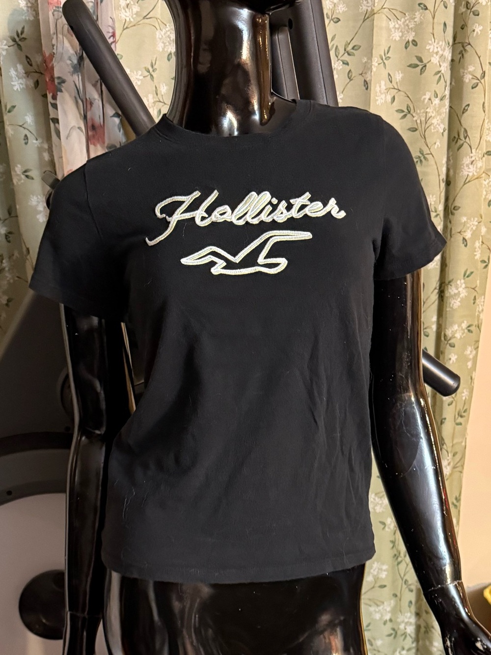 Hollister Black Crewneck Tee with White Embroidered Logo